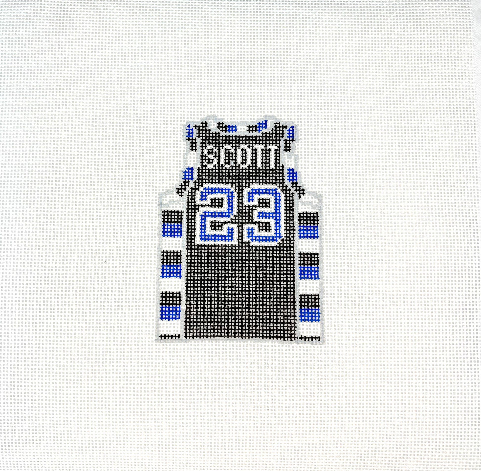 A needlecraft canvas with a basketball jersey design, featuring the name 'Scott' and the number '23'.