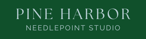 Pine Harbor Needlepoint Studio logo on a green background